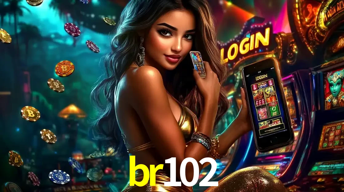 Mulher em um cenário de cassino temático de aventura, mostrando o app de caça-níqueis da br102 no celular. Fichas de apostas flutuam ao redor.